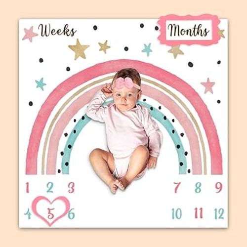 PHMOJEN Colorful Rainbow Baby Monthly Milestone Blanket, Girl Crown Star Pattern, Newborns 1 to 12 Months Unisex Include 4 Frames and 1 Headband 47"x47" BTLSPH634