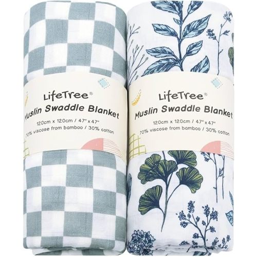 LifeTree Muslin Swaddle Blankets Neutral, Baby Swaddling Wrap Nursery Blanket for Boys & Girls, Soft 70% Viscose from Bamboo and 30% Cotton, Large 47 x 47 inches, Blue and White Porcelain & Checkered