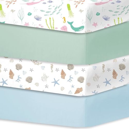 Bimocosy Crib Sheets 4 Pack, Baby Crib Sheets Fitted for Boys and Girls Breathable & Snug Fit, Soft Toddler Bed Sheets for Standard Crib Mattress Nursery Daycare Essentials, Ocean Friends