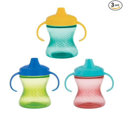 Nuby 2-Handle No-Spill Hard Spout Sippy Cup with Easy Grip - (3-Pack) 7 oz - Baby Sippy Cup with Controlled Sipping for 6+ Months - Green/Aqua/Red