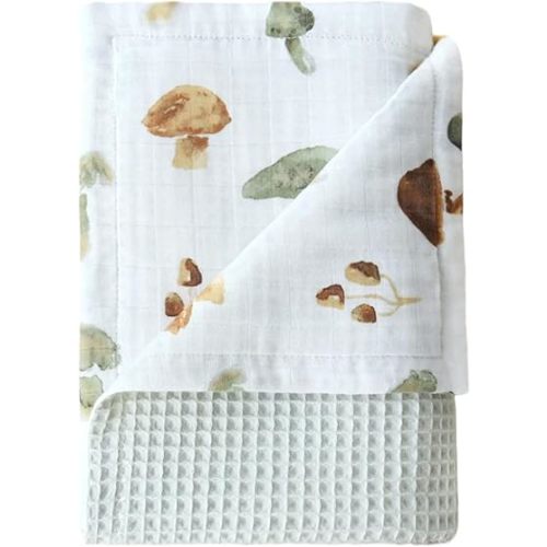 Mushroom Muslin Swaddle Blanket, Baby Waffle Knit Blanket Neutral, 2 Layers Infant Newborn Crib Stroller Receiving Blanket for Boys & Girls