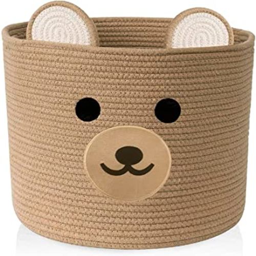 Baby laundry basket - Toy storage bear basket for kids - Nursery baby hamper with handles 15''(W) X 13''(H) (Light Brown)