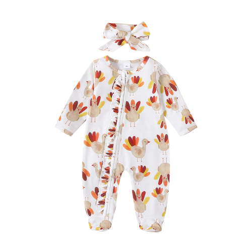 0-18 Months Newborn Baby Girls Thanksgiving Clothing Infant Turkey Print Long Sleeve Bodysuit Footed Jumpsuits with Headband 2PCS