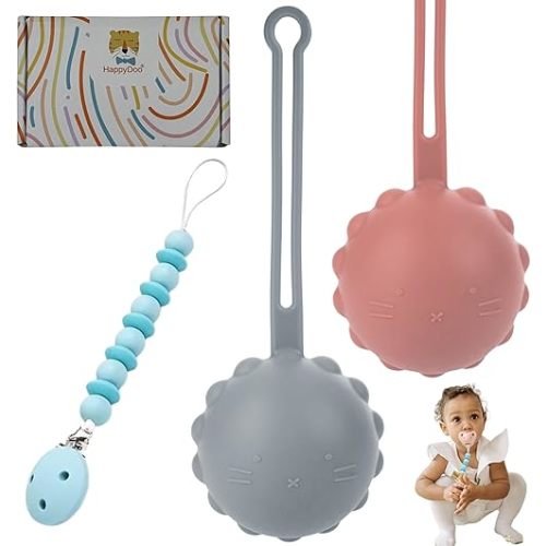 2 Pacifier Holder Case + Silicone Pacifier Clip Holder | Pack 3 Pieces + Gift Box | Pacifier Holder BPA Free | Silicone Baby Pacifier Holder | Flexible and Easy to Clean