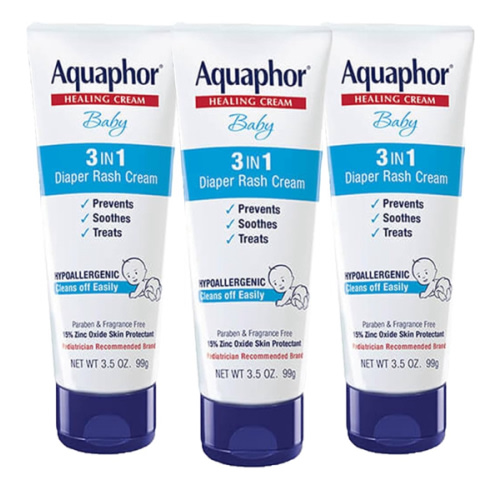 Aquaphor Baby Diaper Rash Cream, 3-in-1 Diaper Rash Relief, 3.5 Oz Tube, (Pack of 3)