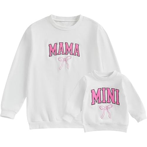 Mommy and Me Matching Outfits Cute Bow Mama and Mini Long Sleeve Crewneck Sweatshirt Tops Mother Baby Matching Clothes