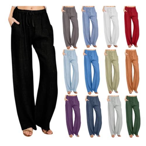 Summer Savings! Women Casual Solid Cotton Linen Drawstring Elastic Waist Long Wide Leg Pants