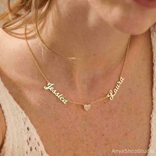 2 Names Necklace with Heart, Personalized Multiple Names Necklace, Pave Heart Necklace, Mothers Necklace, Anniversary Gift, Gift for Wife