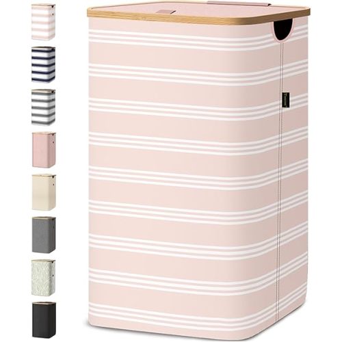 BALEINE Laundry Hamper with Lid, Tall Laundry Baskets with Bamboo Pull Handles, Large Laundry Bin with Internal Support (18 Gal/70L, Pink Pinstripe)