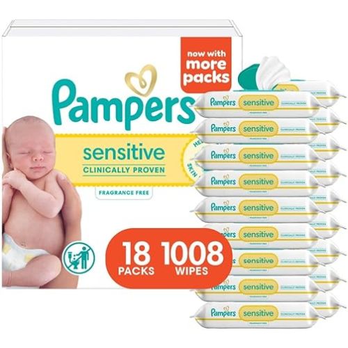 Pampers Sensitive Baby Wipes, Clinically Proven, Fragrance Free, Unscented, Water Based, Hypoallergenic, Multi-Use, Hand Wipes 1008 Wipes Total (18X Flip-Top Packs) [Packaging May Vary]