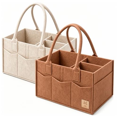 HIPHOP PANDA 2-Pack Diaper Caddy Organizer - Nursery Storage Bin & Car Organizer for Diapers, Wipes, and Baby Essentials - Dual-Color Solid Set (Caramel/Oatmeal), Regular Size