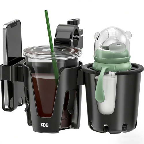 KDD Stroller Cup Holder, Cup Holder Universal with Phone Rack, Suit Wheelchair, Walker, Bike, Scooter, Black
