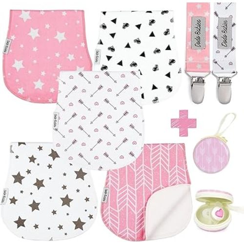 Dodo Babies 5-Pack Baby Burp Cloths – Soft, Absorbent Organic Muslin Burp Cloths – Includes Pacifier Case and 2 Pacifier Clips – Colors: Pink, White and Grey - Pacifier Clip