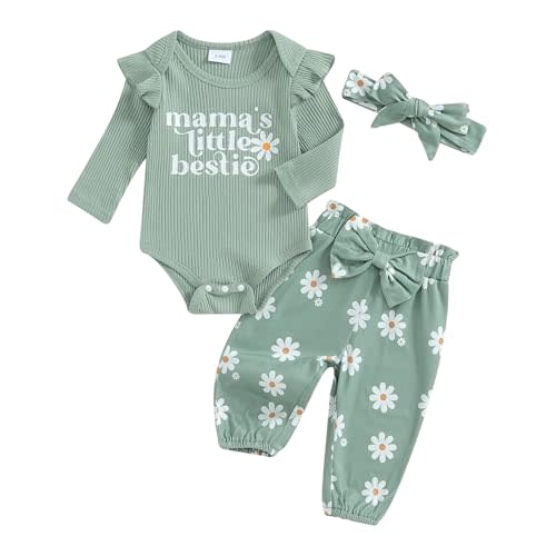 Arvbitana Infant Baby Girl Long Sleeve Mama's Little Bestie Letter Print Ribbed Romper Elastic Daisy Pants Headband Outfits