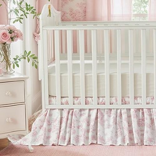 Brandream French Country Toile Cotton Crib Skirt Toddler Bedskirt Dust Ruffle Baby Nursery Crib Bed Skirt Boho Bohemian Vintage Pink Floral Print Farmhouse Chic Ruffles Skirt