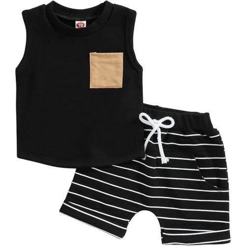Kupretty Baby Boy Summer Clothes Sleeveless Tank Tops Vest T-Shirt + Casual Shorts Toddler Outfits Set - 6-12 Months - Stripe Black