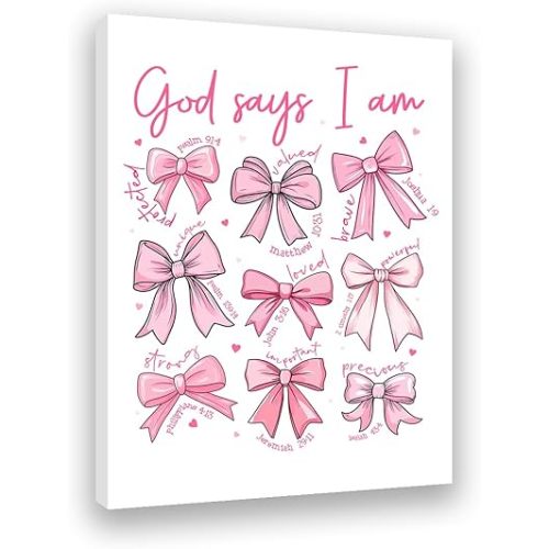 Redland Art Pink Bow Wall Art Framed Canvas 11.5x15 Inches Coquette Christian Scripture Quotes for Pink Bedroom & Bathroom, Inspirational Gift for Teen Girls, Dorm Room Decor, Aesthetic Bow Picture