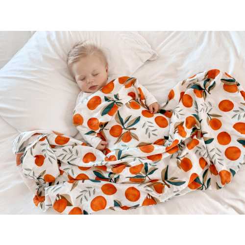 4pc Clementine Muslin Swaddle Blanket, Drool Bibs, Feeding Bib and Burp Cloth Set - Soft, Breathable, and Multi-Purpose Swaddle Blanket.