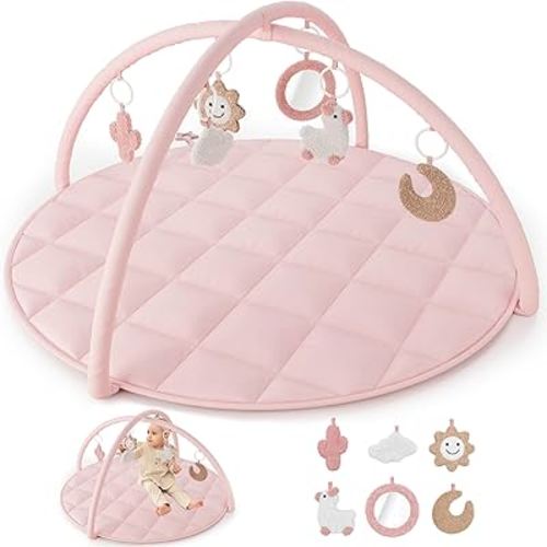 Beautiful Baby Play Gym and Tummy Time Mat - Soft Cotton Mat with 6 Cute Toys Creates The Perfect Activity Area for Your Girl/Boy - Stylish Infant Floor Playmat Fits Nicely with Any Playroom Decor