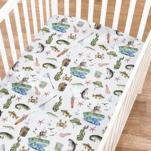 Watercolor Ocean Boat Fishing Baby Crib Sheet for Boy Girl 52"x28" Fishing Lovers Gift Soft Crib Mattress Cover Sea Marine Fishing Breathable Nursery Bed Sheets for Standard Crib Toddler Mattress