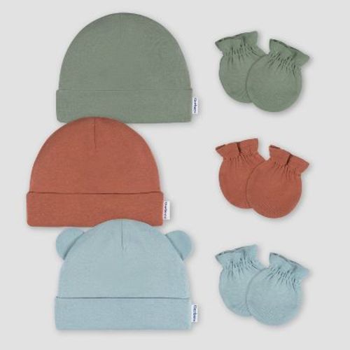 Gerber Baby 6pk Hat & Mitten Set - Blue: Cotton Knit, Elastic Cuffs, 0-12 Months, Tumble Dry