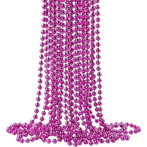 ZZYFGH 33'' 7mm St Patricks Day Beads Necklace, Metallic Hot Pink Bead Necklace Bulk, Mardi Gras Round Beaded Necklaces for Party Favors Costume Necklace (12 Pcs)