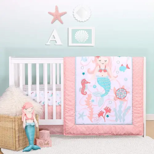 The Peanutshell Mermaid Kisses Crib Bedding Set for Baby Girls | 3 Piece Nursery Set | Baby Quilt, Crib Sheet, and Dust Ruffle