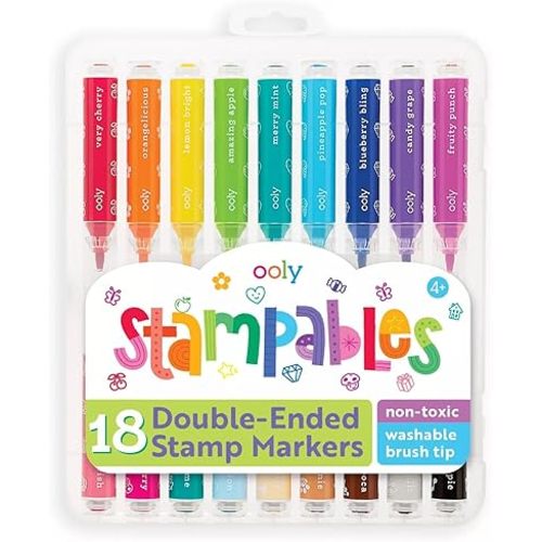 Ooly Double-Sided Stampable Washable Markers, 18 Colors, Cute School Supplies, Safe Non-Toxic