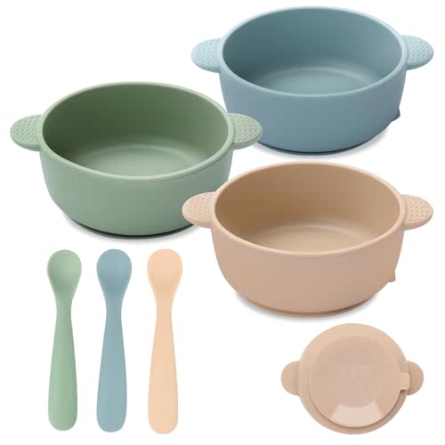Eascrozn Baby Bowls with Suction and Baby Spoons Set of 3, Silicone Stay Put Bowls and Feeding Spoons for Babies Toddlers Kids, BPA Free,Microwave and Dishwasher Safe