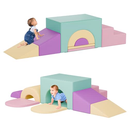 TOLEAD Soft Foam Climbing Blocks Set  Large 5-in-1 Soft Play Toys Crawling & Sliding Climbing Arch for Toddlers, Foam Playset for Nursery,Preschool,Pink