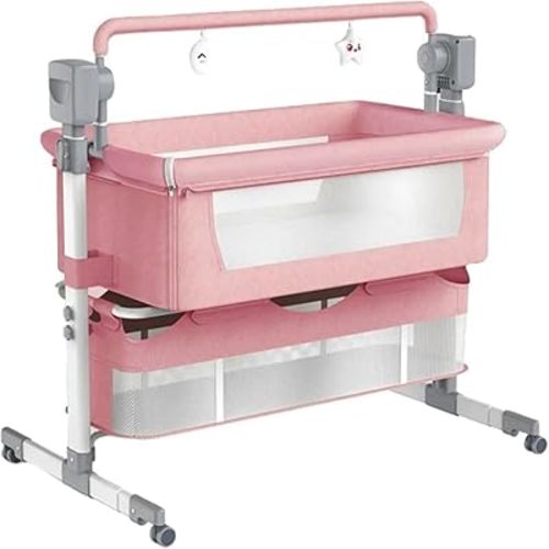 Baby Bassinet Bedside Sleeper,Adjustable Height, Breathable Mesh, Safe & Sturdy Frame, Wheels & Storage Basket(Pink)