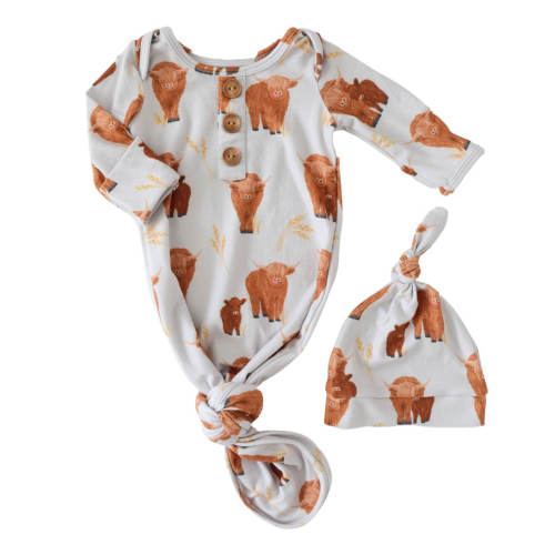 Happy Highland Cows Newborn Baby Knot Gown & Hat Set