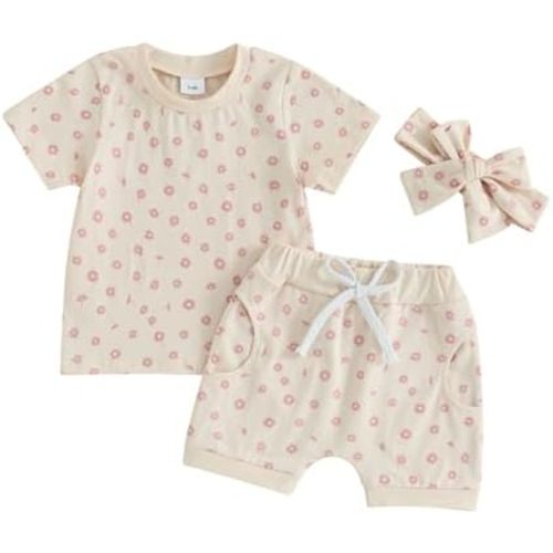 Toddler Baby Girl Clothes Summer Short Sleeve Floral Print T Shirt Tops + Elastic Shorts Set Infant Casual Outfits