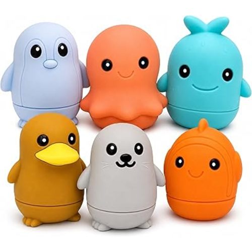 Silicone Bath Toys, Opens for Cleaning, Baby Bath Toys 9M+, Toddler Bath Toys 1-3, Bathtub Toys, Ocean Friends 6-Piece Set
