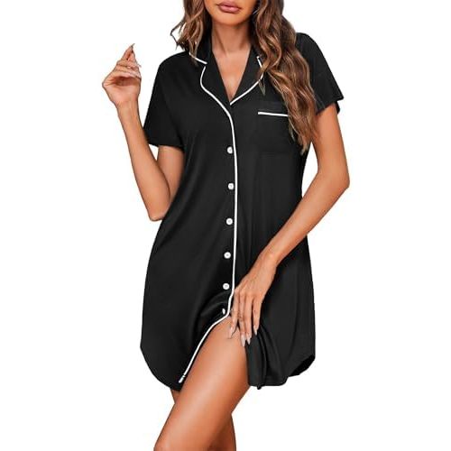 Ekouaer Womens Cotton Nightgowns Button Down Sleep Shirts Soft Night Shirts Night Dress