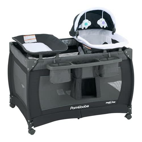 Pamo Babe Playard Magic Fold Playpen Foldable Playard for Baby Portable Playpen Deluxe Nursery Center with Newborn Bassinet Infant Bassinet Diaper Changer