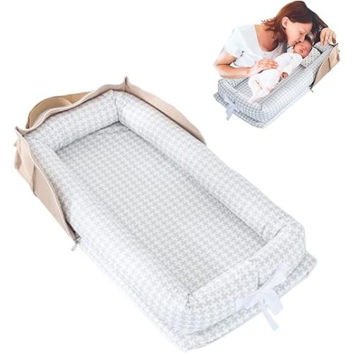 Baby Lounger for Newborn Portable Bag,Baby Nest Co Sleeping for Baby in Bed with Strap,Newborn Lounger Adjustable Size & Inner Zipper Lengthen Space to 24 Months(Gray Thousand Bird Check)