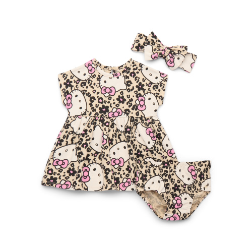 Hello Kitty Baby Girls All Over Print Dress and Diaper Cover with Matching Bow Headband, Sizes 0/3 Months-24 Months