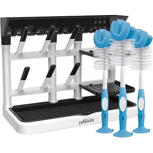 Dr. Brown's Drying Tower, Stand-Up Rack with Reusable Sponge Baby Bottle Cleaning Brush Set, 3-Pack, Blue
