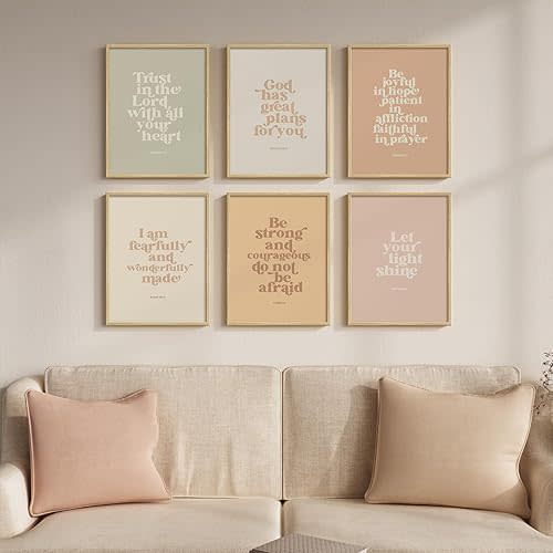 Framed Christian Wall Art Set of 6, Boho Bible Verse Prints with Inspirational Scripture Quotes Neutral Pastel Artwork, Religious Decor for Kids Room Nursery Bedroom Living Room, 11x14 Inch
