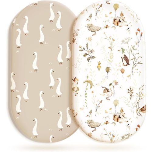 Stretchy Ultra Soft Fitted Bassinet Sheet Set 2 Pack, Universal Fit for Bassinets Baby Cradle Moses Basket Oval Rectangle Mattress Safe and Snug,Stylish Pattern of Duck Happy Party