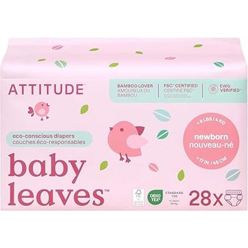 ATTITUDE Eco-Conscious Disposable Diapers, EWG Verified, Size 1/Newborn (< 9 lbs), Ultra Absorbent for Baby, Vegan & Plant-Based, 28 Count