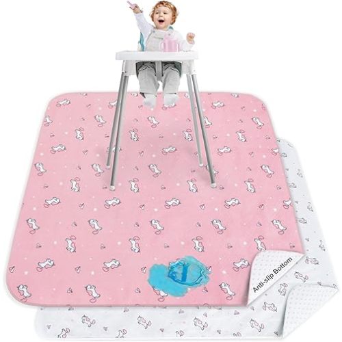 Splat Mat for Under High Chair, 2 Pack High Chair Mat for Floor, Waterproof Mat Washable for Arts and Crafts, Anti-Slip Playtime Mats for Kids, Floors or Tables, Reusable Fabric 42” ×46”