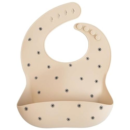 mushie Silicone Baby Bib | Adjustable Fit Waterproof Bibs (Black Daisy)