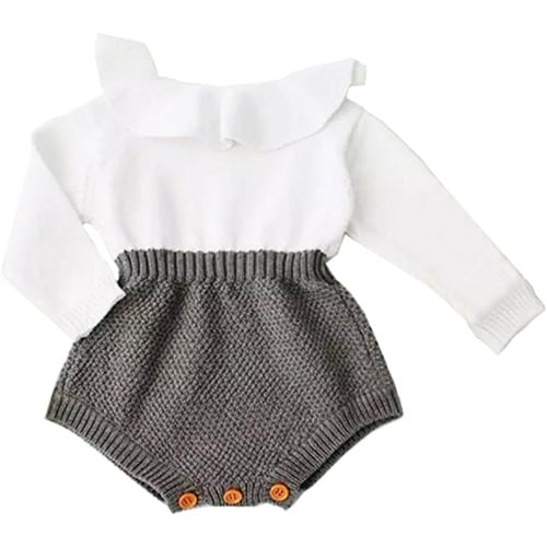 Baby Girls Romper Knitted Ruffle Long Sleeve Jumpsuit Baby Kids Girl Romper Autumn Winter Casual Clothing - 12 - 18 Months - Gray