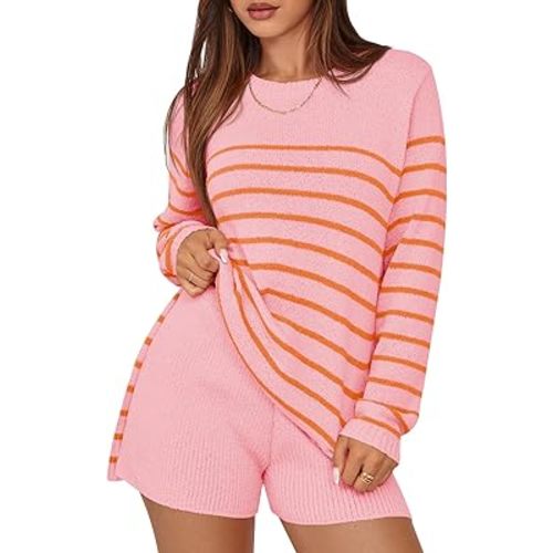 MEROKEETY Women's Striped 2 Piece Sweater Set Long Sleeve Shorts Lounge Sets Matching Pajama Set