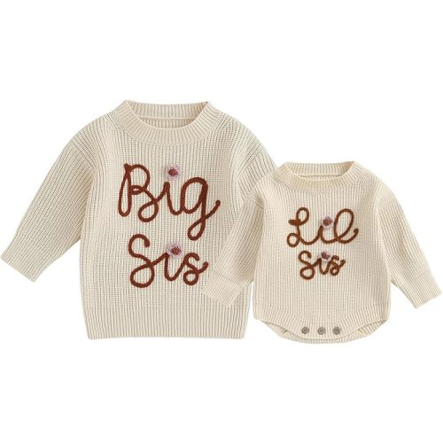 Toddler Baby Girls Knit Sweaters Big Lil Sister Matching Sweater Kids Crewneck Pull-on Oversized Fall Knitwear Tops