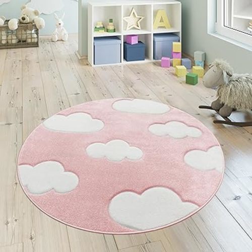Modern Kids Rug with Clouds in Pink Pastel for Nursery, Size: 5'3" Round
