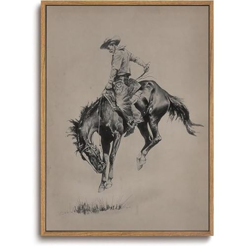ZZLWBKGL Vintage Western Framed Wall Art Farmhouse Cowboy Canvas Wall Art Retro Country West Bucking Bronco Pictures Decor Mid Century Rodeo Art Prints for Living Room Bedroom
