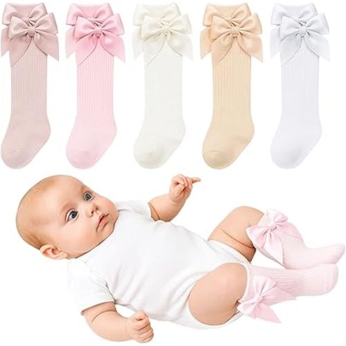 Newborn Knee High Socks Girl, 5 Pairs Soft Cotton Knee High Long Baby Socks for Premature Infants 3-7 lbs Newborn Girls Boys, Ideal for Daily Wear and Special Occasion Gifts